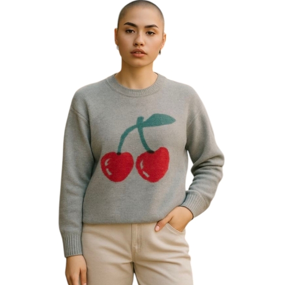 Luna Ivy Gray Cherry Girl Soft Novelty Whimsical Sweater Sz XS - Picture 1 of 9